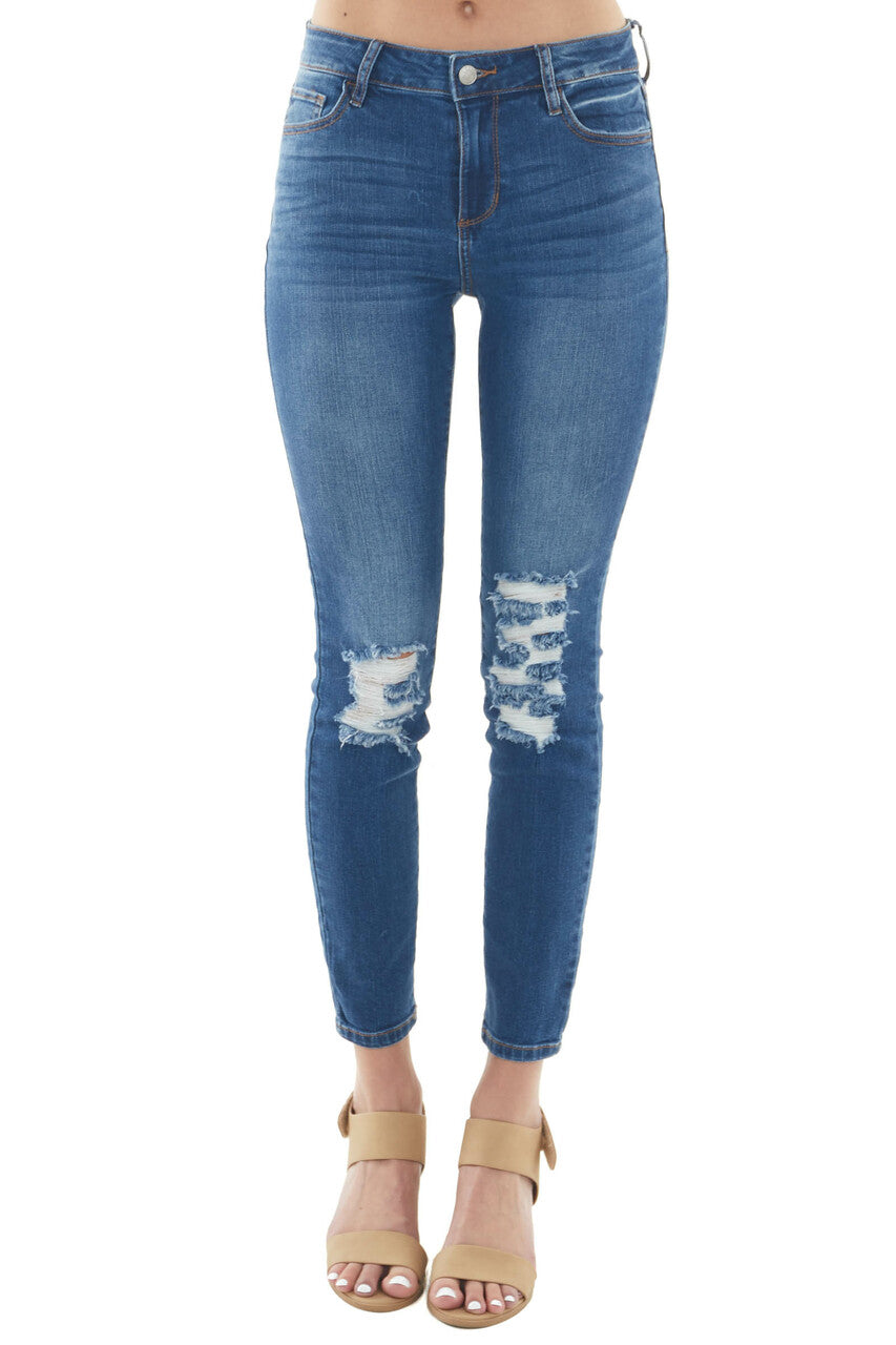 Medium Mid Rise Distressed Knee Skinny Jeans