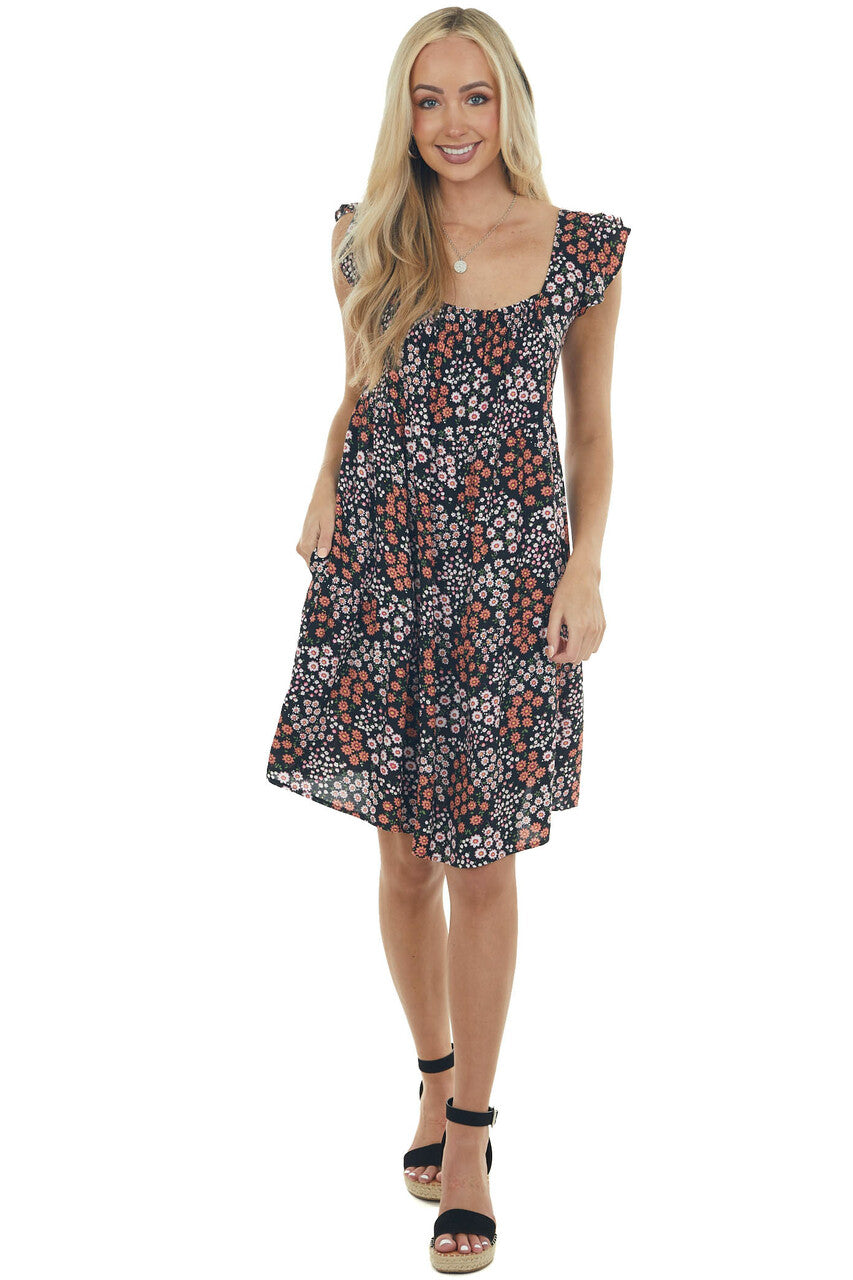 Black Floral Tiered Dress with Flutter Sleeves 
