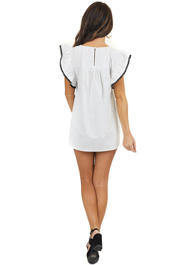 Off White and Black Striped Top with Embroidery Details 