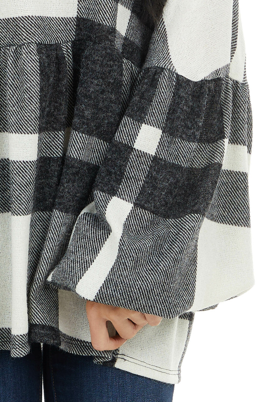 Ivory Fuzzy Buffalo Plaid Babydoll Top with Balloon Sleeves 