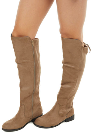 Taupe Faux Suede Knee High Zip Up Boots with Rounded Toe 