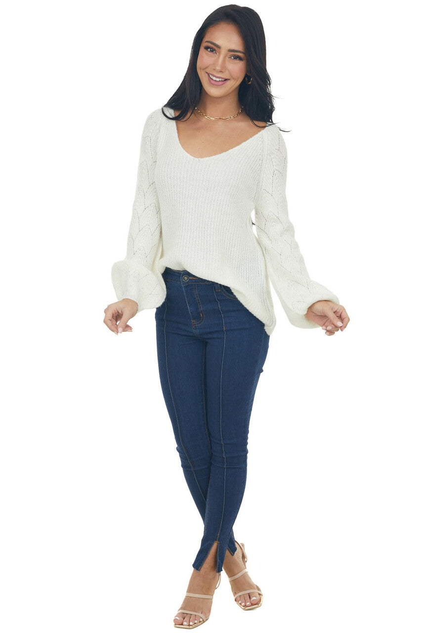 Ivory Bishop Sleeve Fuzzy Pointelle Sweater