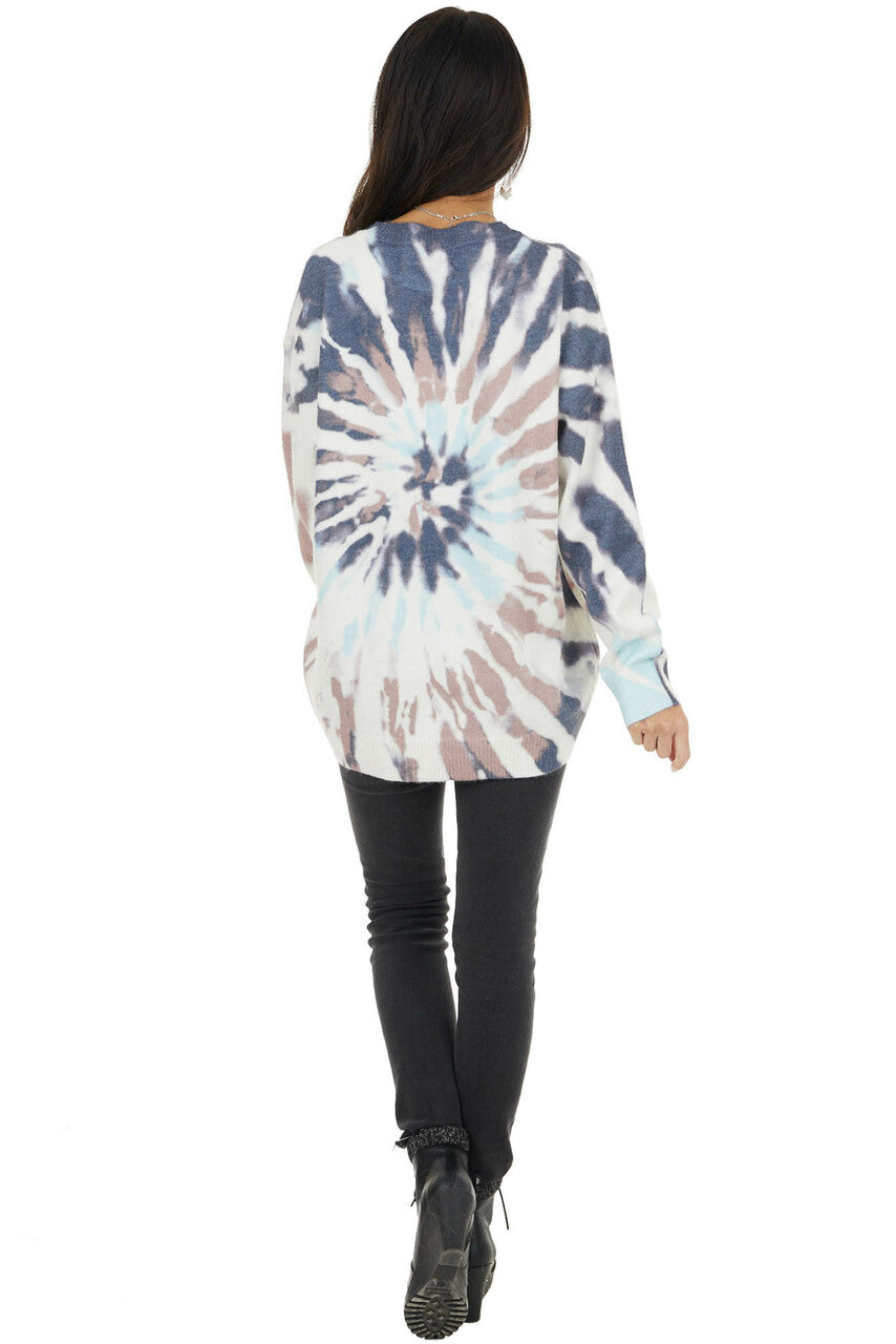 Off White Tie Dye Fuzzy Knit Long Sleeve Lightweight Sweater