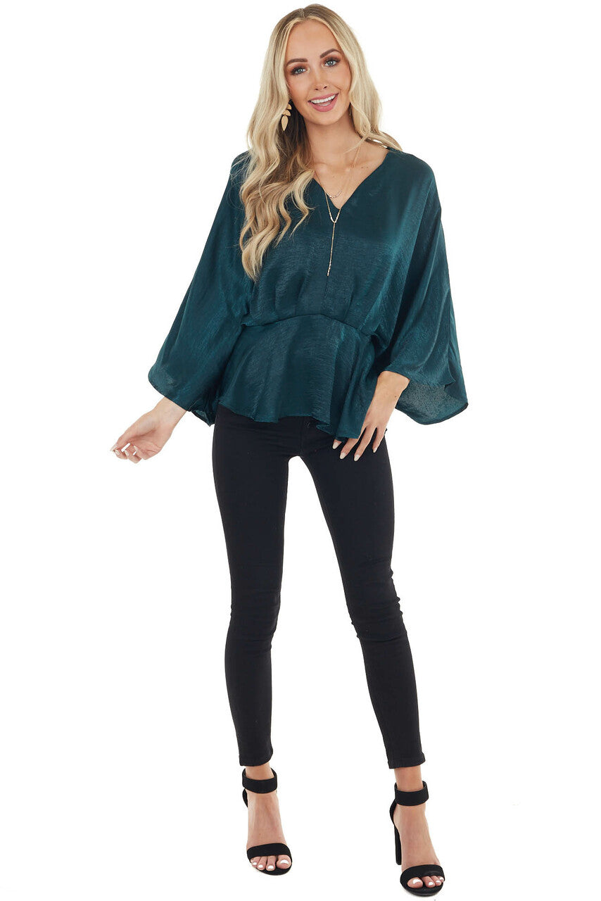 Forest Green Satin Flowy Drop Waist Blouse with V Neckline