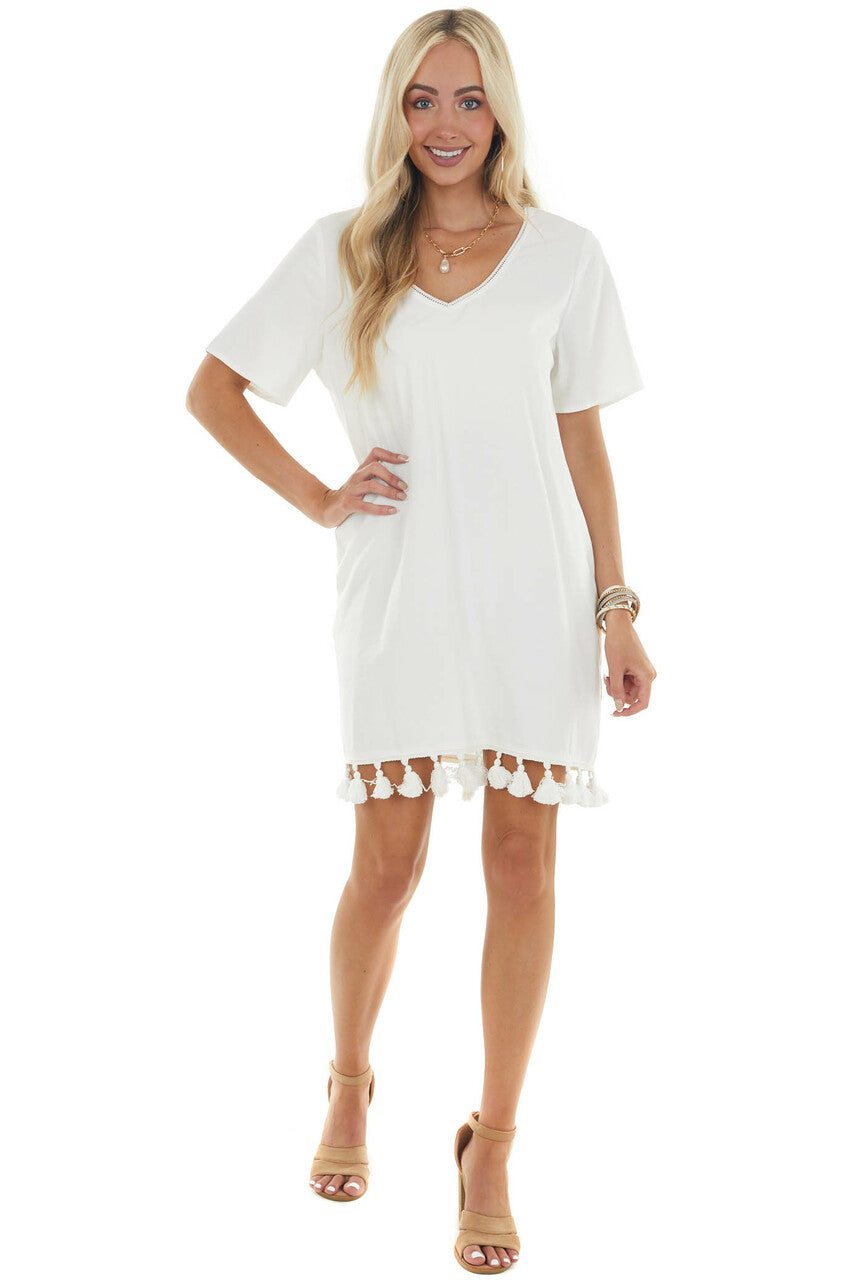 Off White V Neck Mini Dress with Short Sleeves 