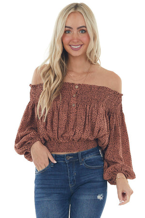 Chestnut Printed Smocked Off Shoulder Blouse
