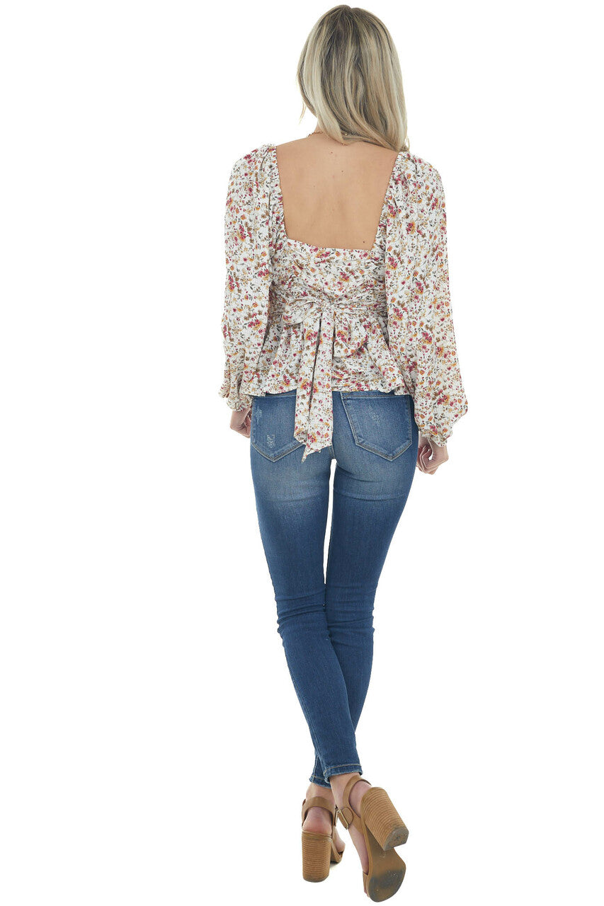 Ivory Floral Print Bubble Sleeve Peplum Blouse