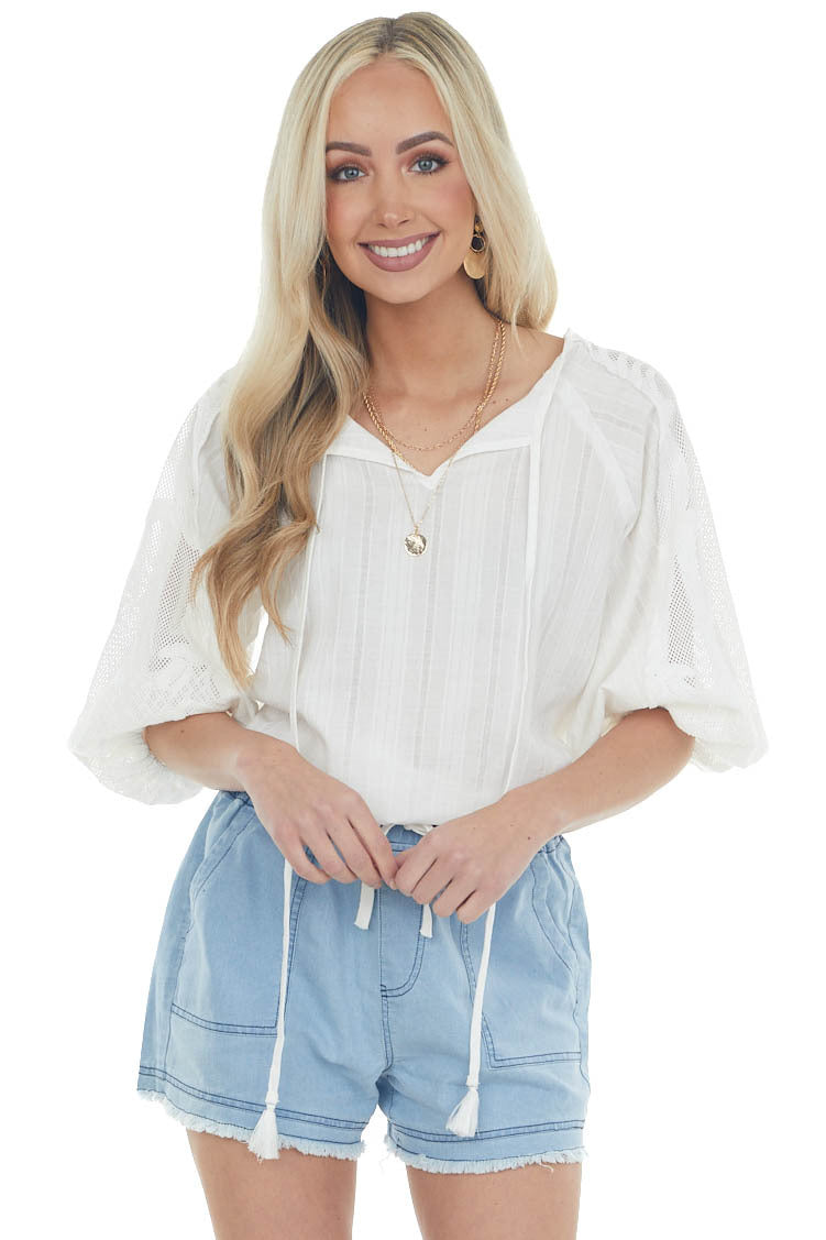 Pearl Split Neck Blouse with Crochet Sleeves