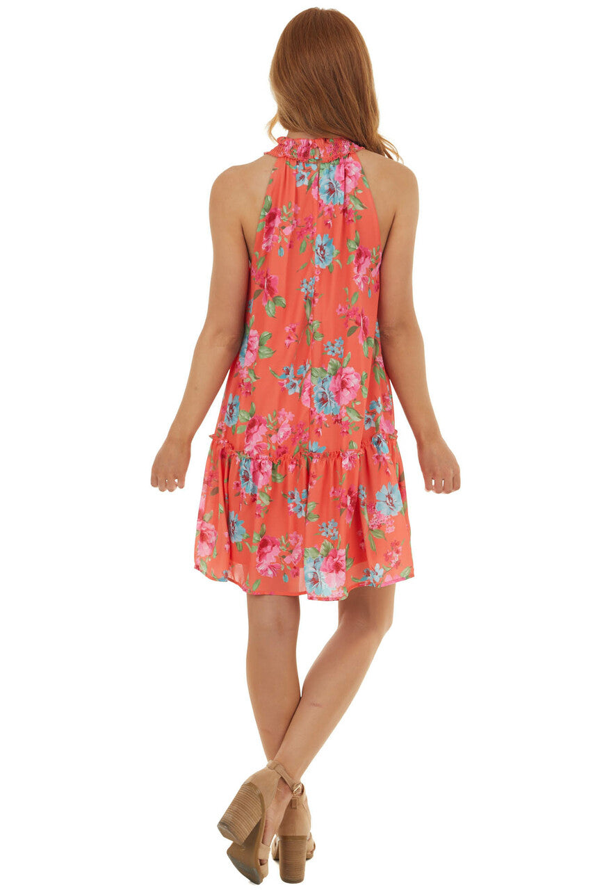 Neon Orange Floral Print Sleeveless Mini Dress