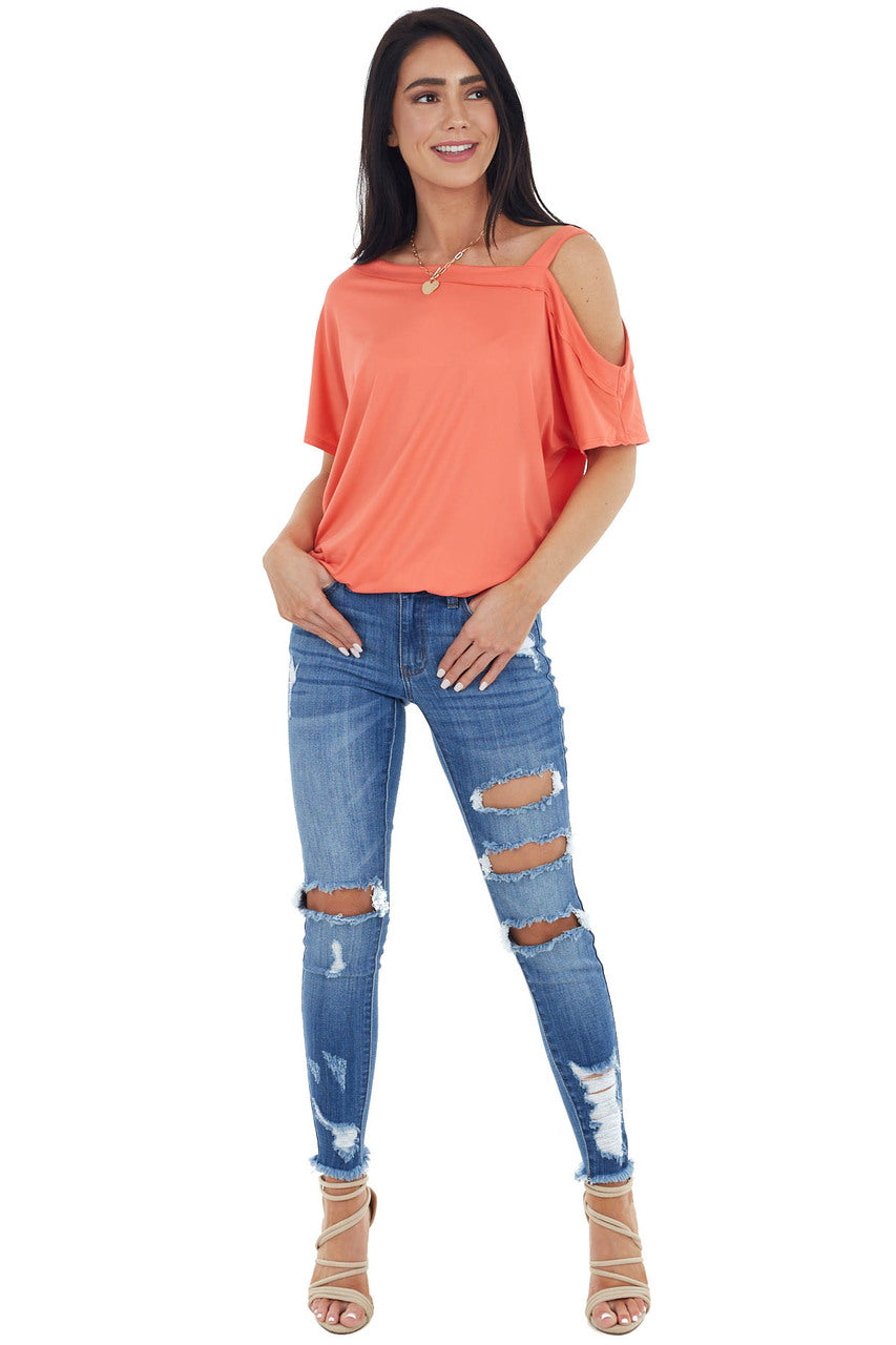 Bright Coral Knit Tunic Top with Single Cold Shoulder 