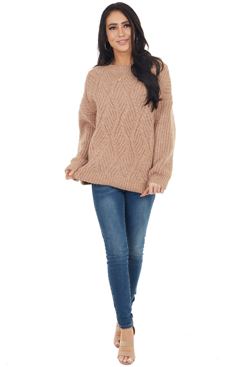 Faded Camel Long Sleeve Textured Knit Oversized Sweater