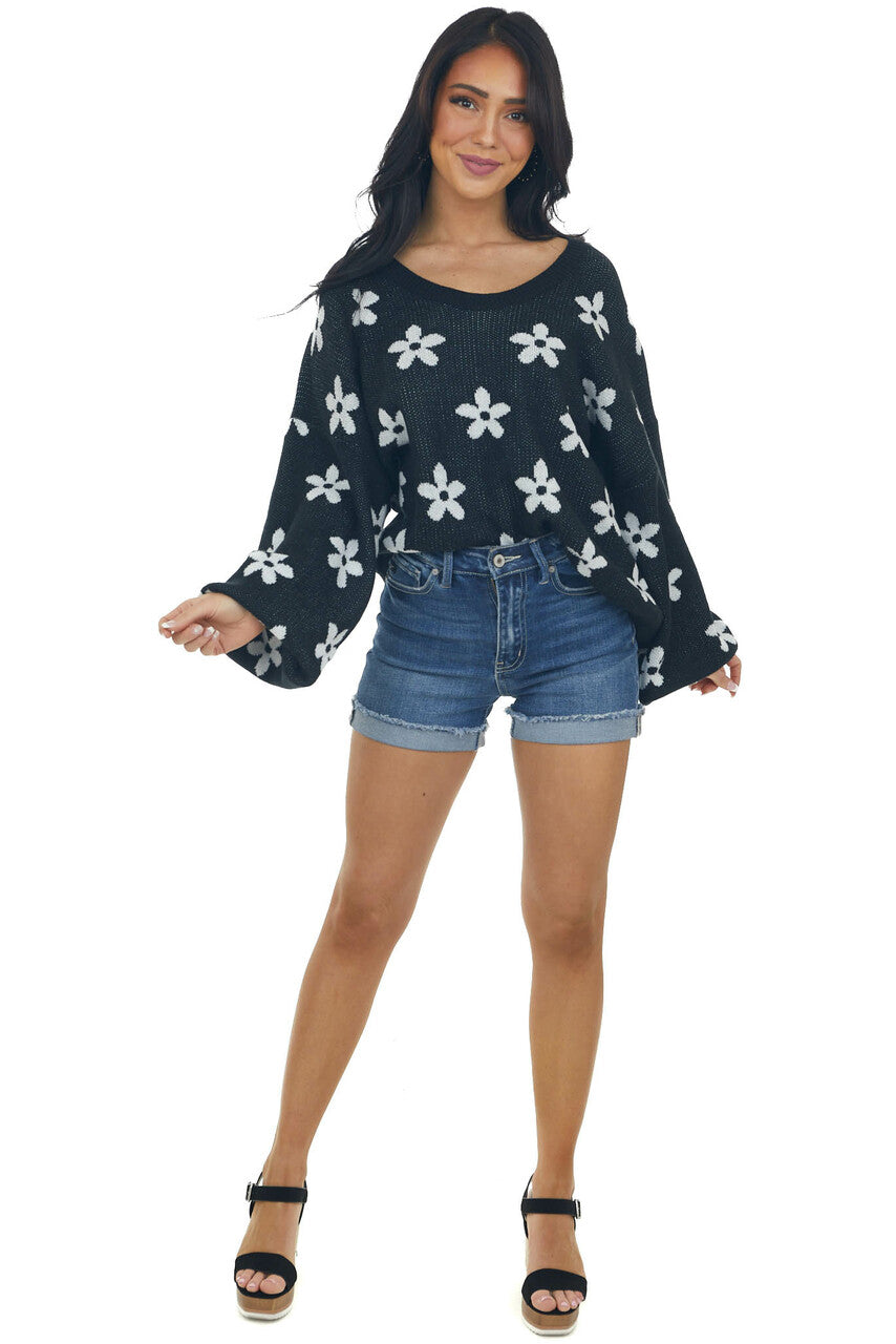 Black and Ivory Daisy Print Sweater 