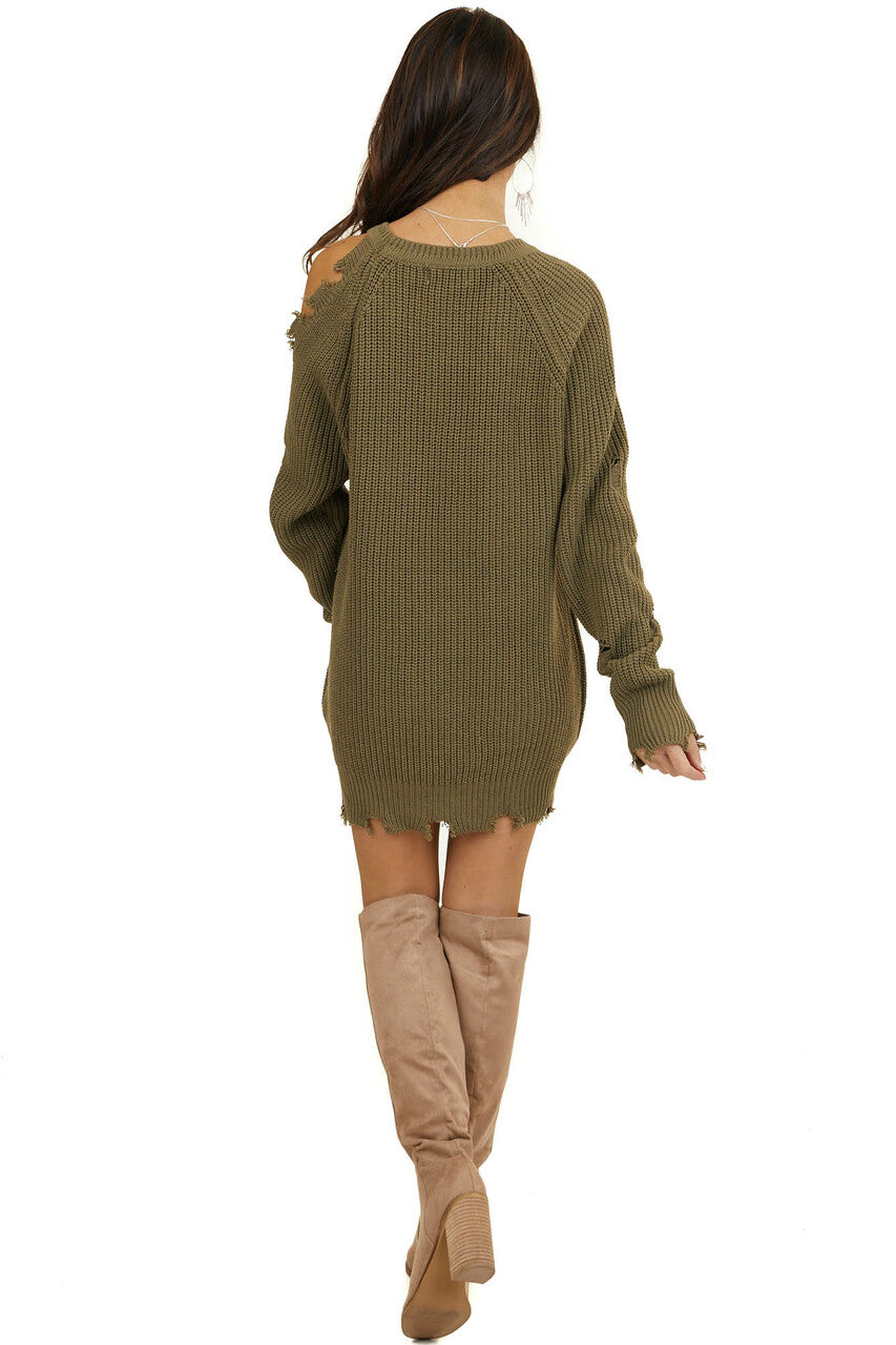 Olive Cold Shoulder Sweater Dress with Distressed Details
