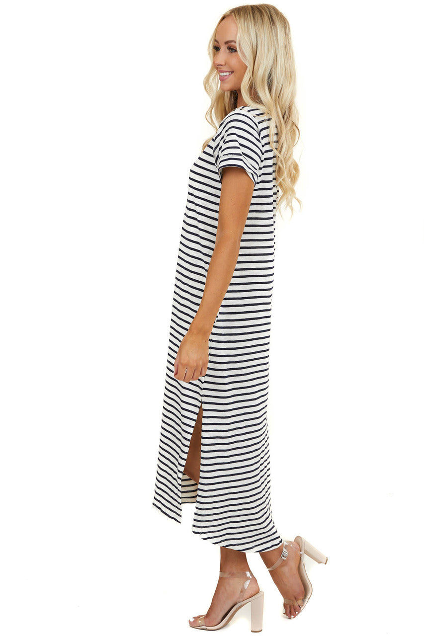 Off White and Navy Striped Dress with Side Pocket Details