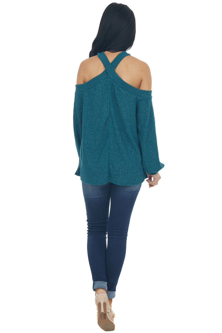 Forest Green Glittery Halter Cold Shoulder Top