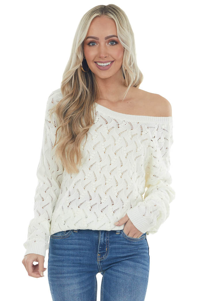 Cream Open Back Pointelle Knit Sweater