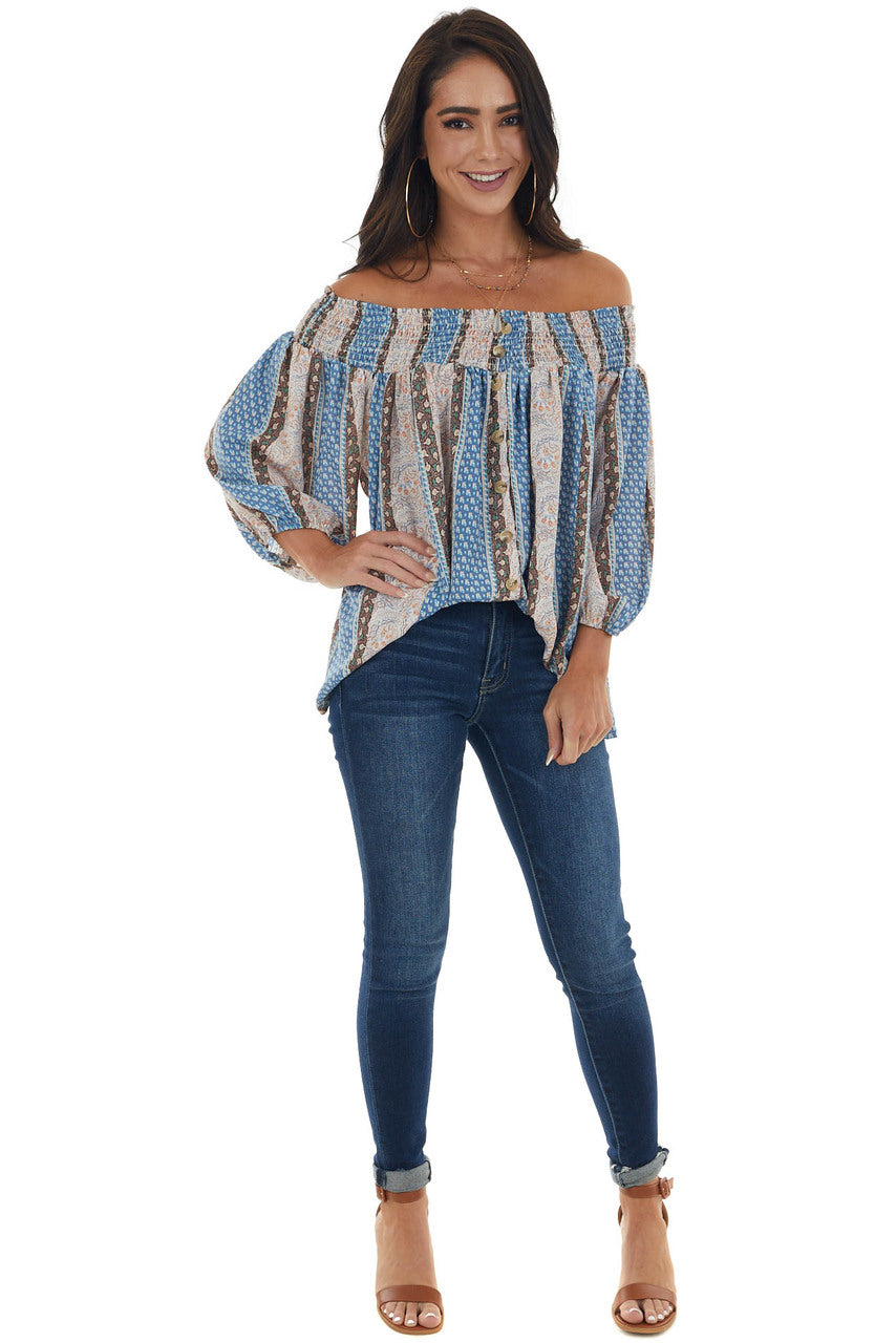 Dusty Blue Printed Smocked Off Shoulder Blouse