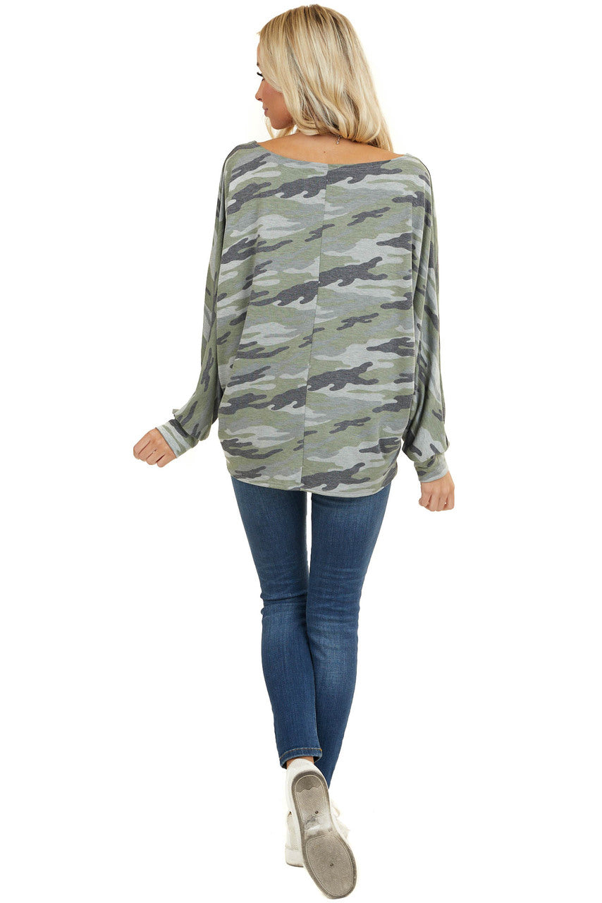 Sage and Grey Camo Knit Top with Long Dolman Sleeves