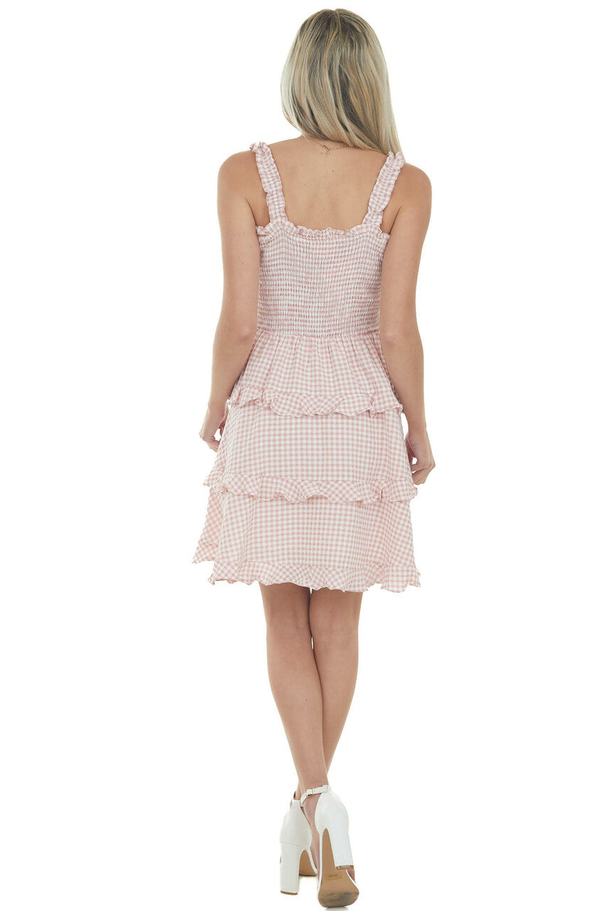 Dusty Coral Gingham Smocked Tiered Mini Dress