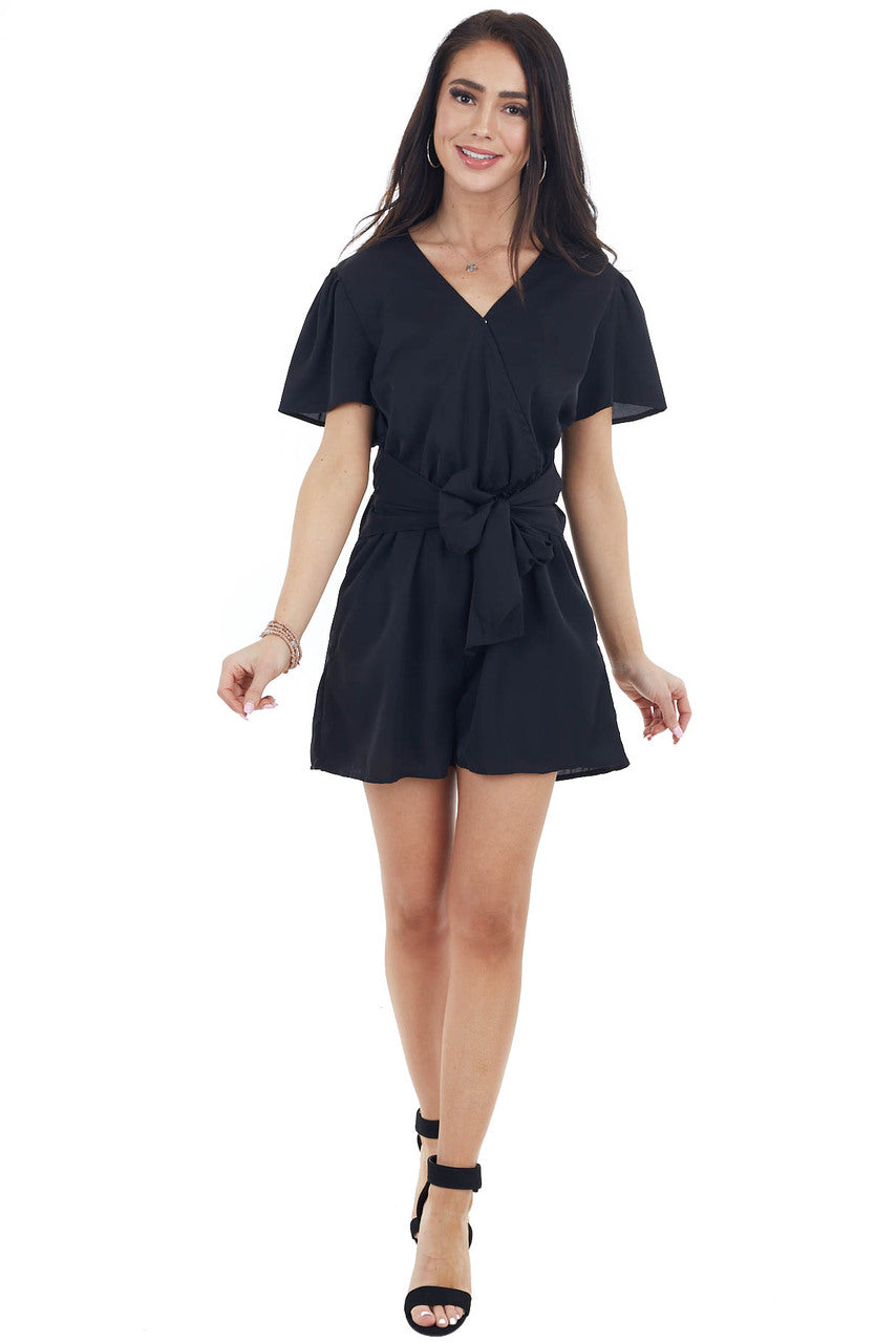 Black V Neckline Short Sleeve Romper with Front Tie Detail 