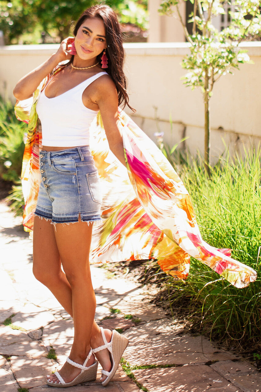 Neon Orange Abstract Floral Open Front Kimono