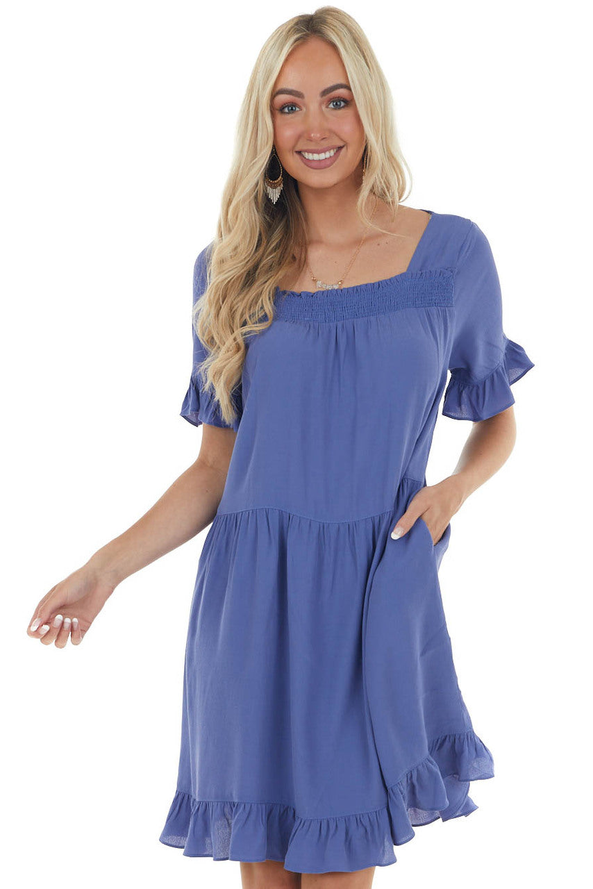 Deep Dusty Blue Square Neck Tiered Short Dress