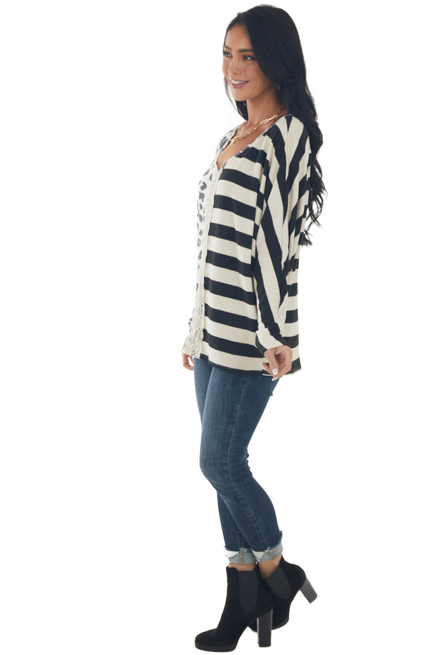 Black Multiprint Crochet Lace Brushed Knit Top 