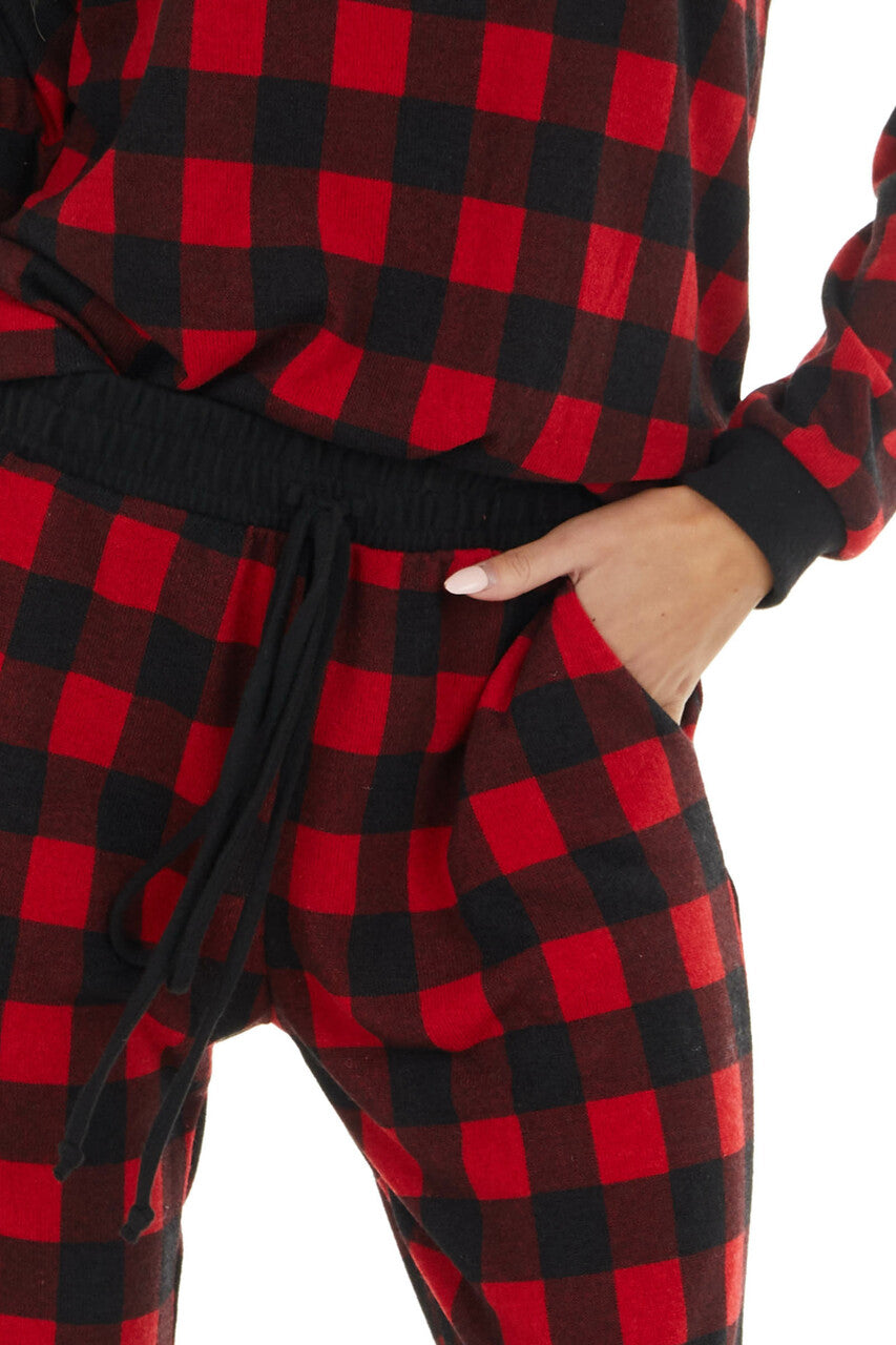 Cranberry Red and Black Buffalo Plaid Long Sleeve Knit Top