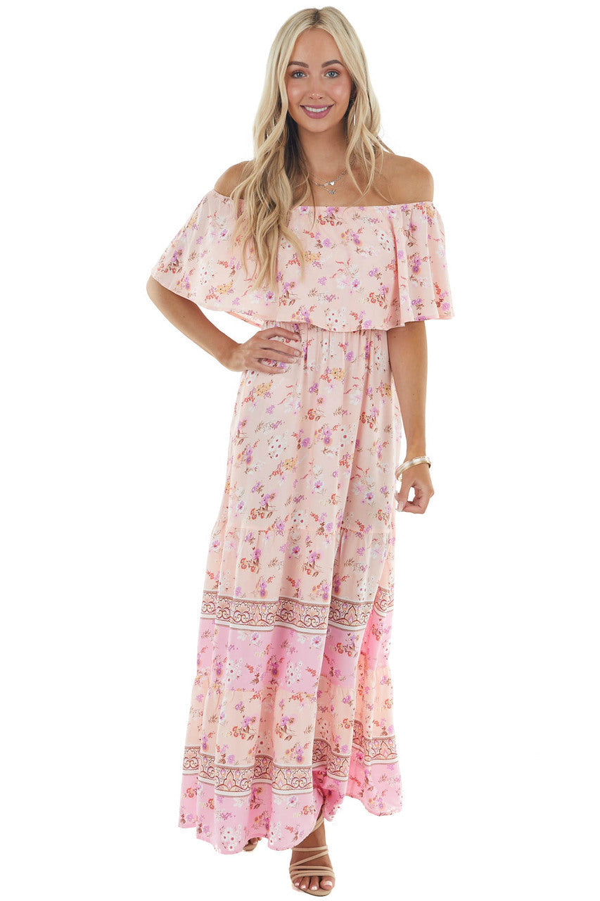 Light Peach Floral Print Off Shoulder Woven Maxi Dress