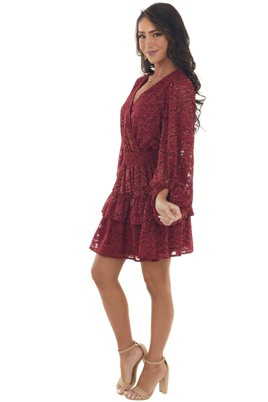 Wine and Gold Metallic Texture Surplice Dress