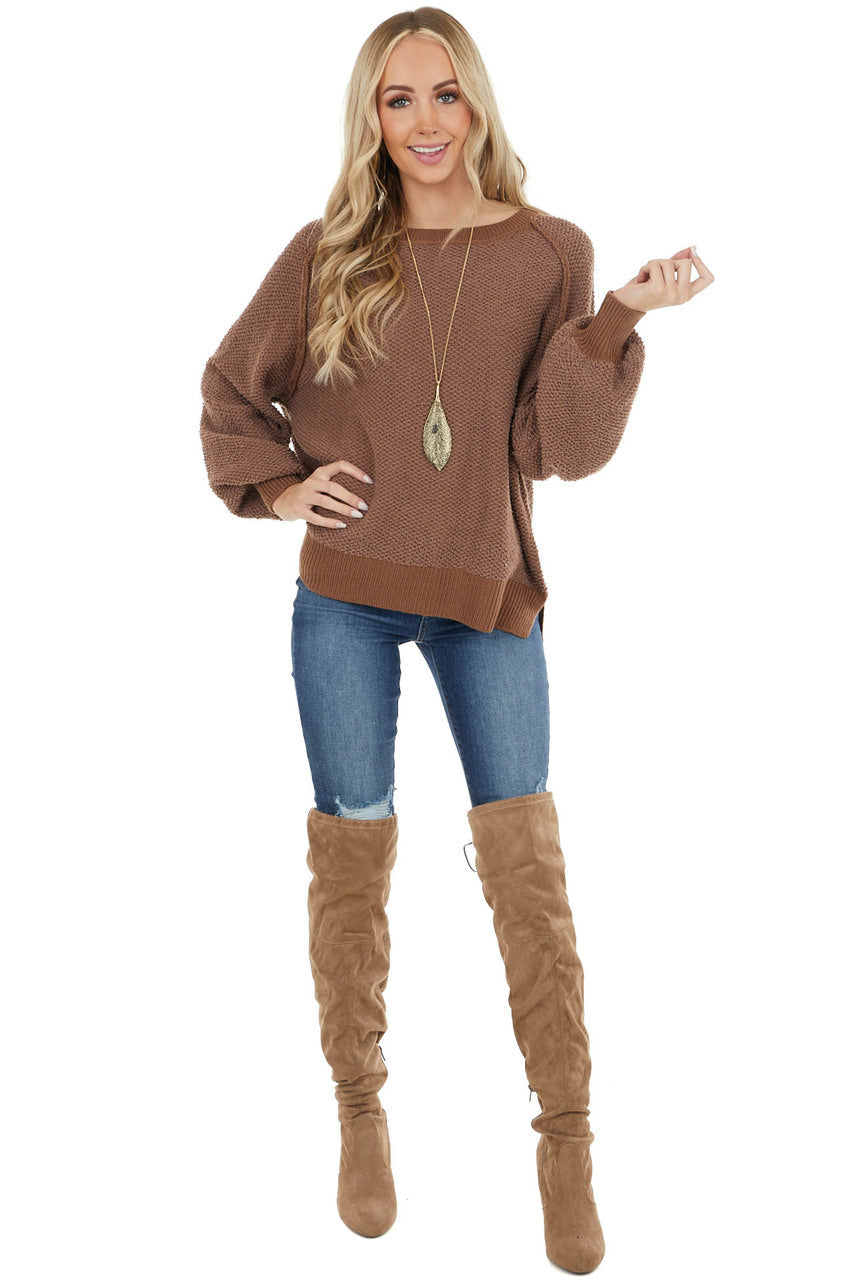 Chocolate Long Sleeve Lightweight Sweater with Raw Details