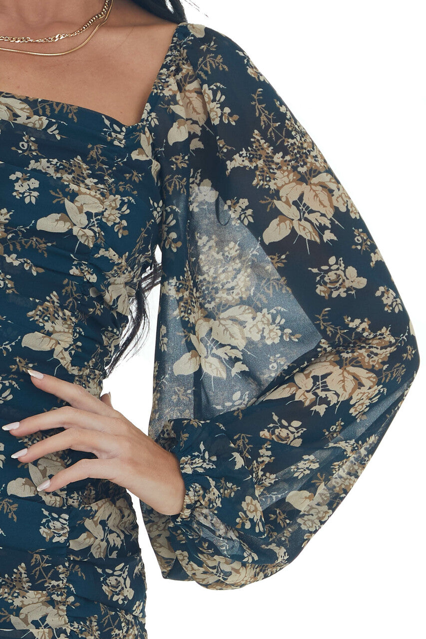 Dark Pine Floral Print Ruched Short Dress 