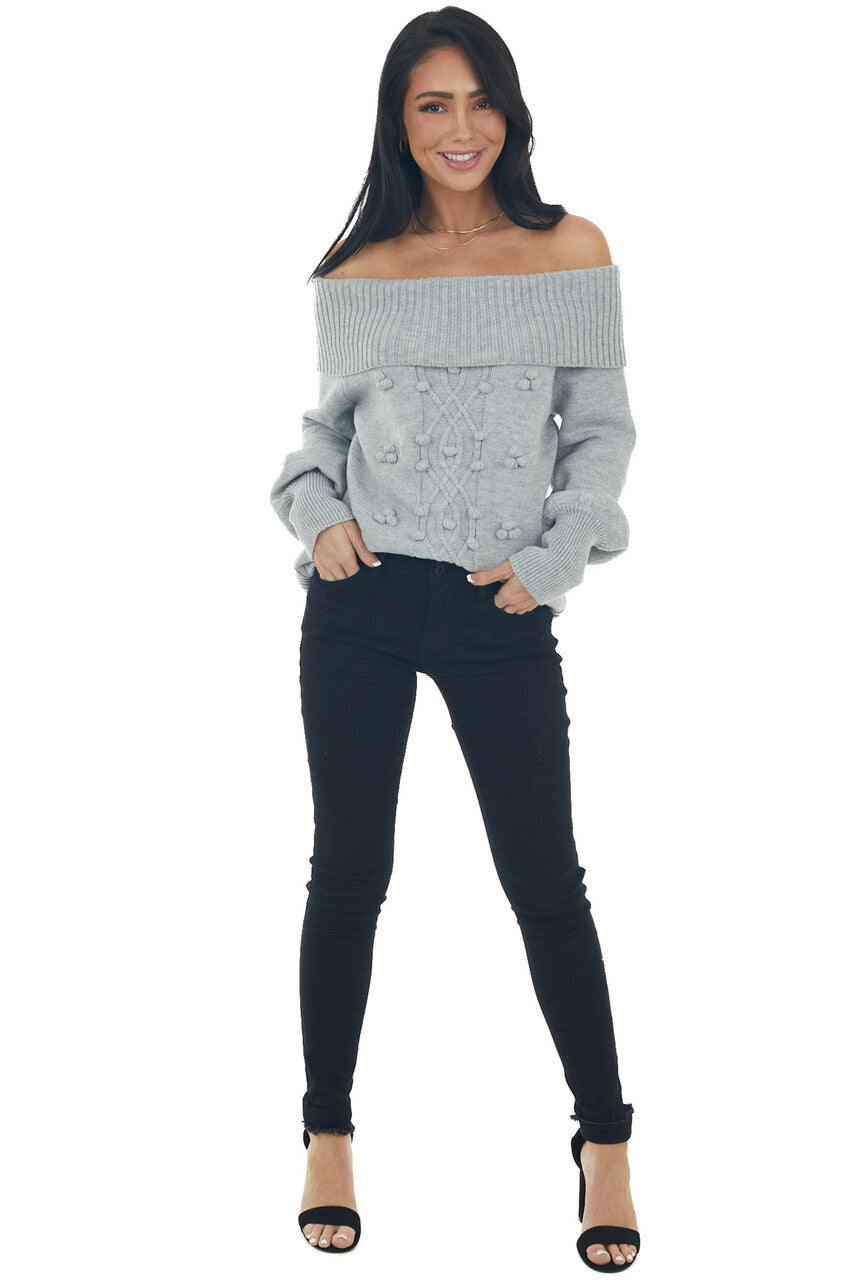 Dove Grey Off Shoulder Pom Pom Detail Sweater 