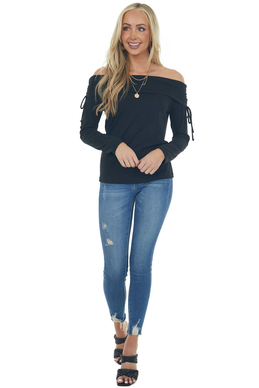 Black Folded Off the Shoulder Ribbed Top