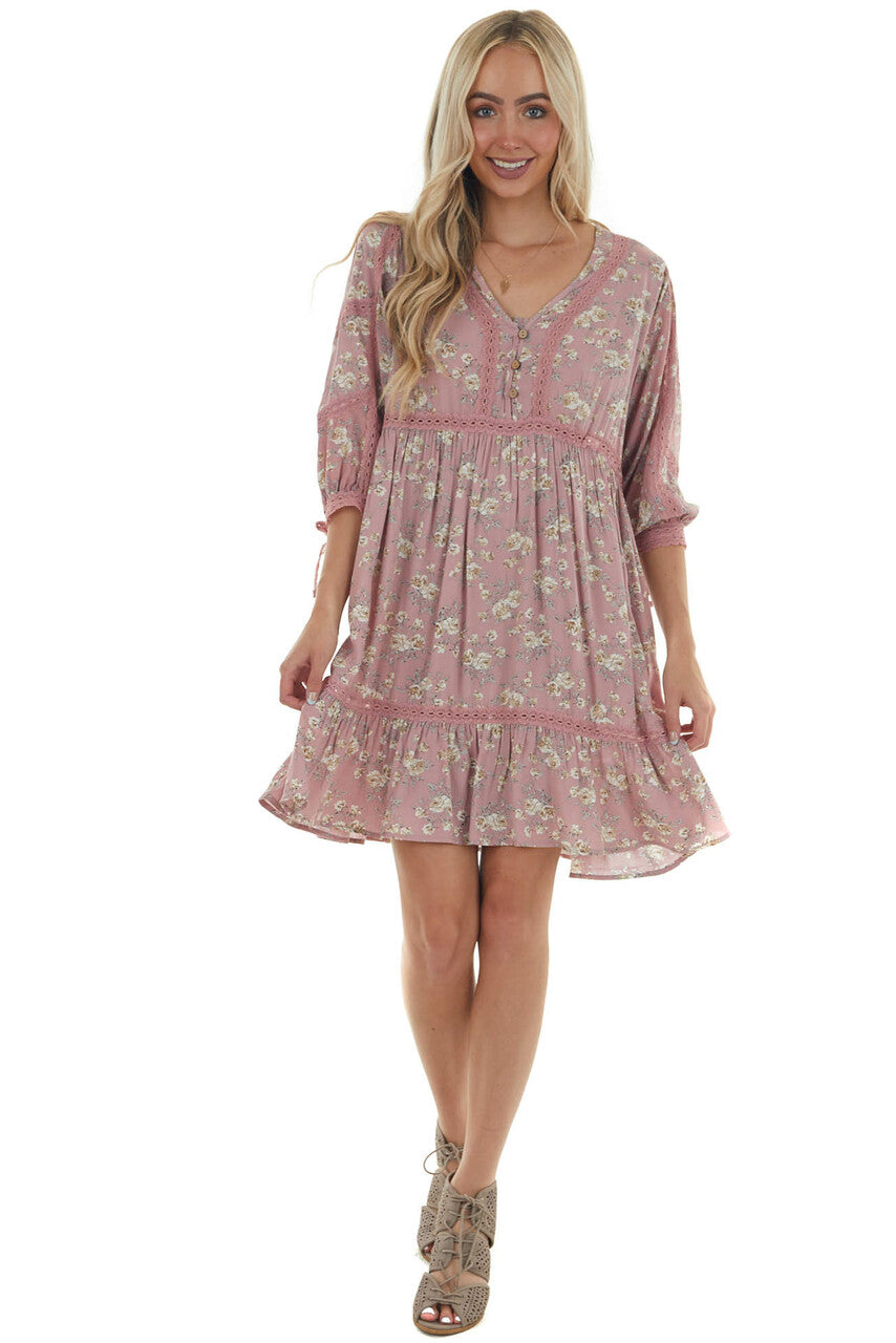 Dusty Rose Floral Print Babydoll Short Dress