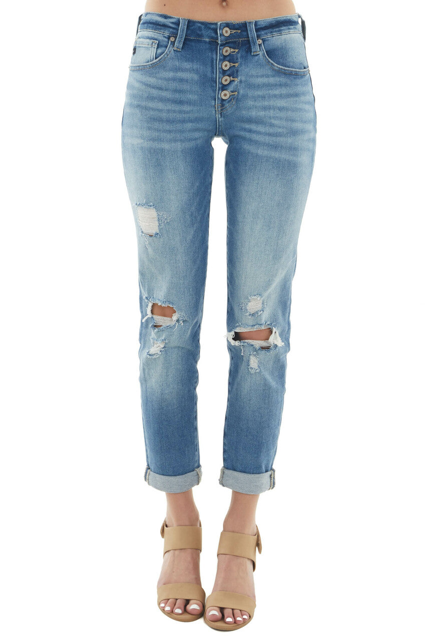 Medium Wash Five Button Front Distressed Jean