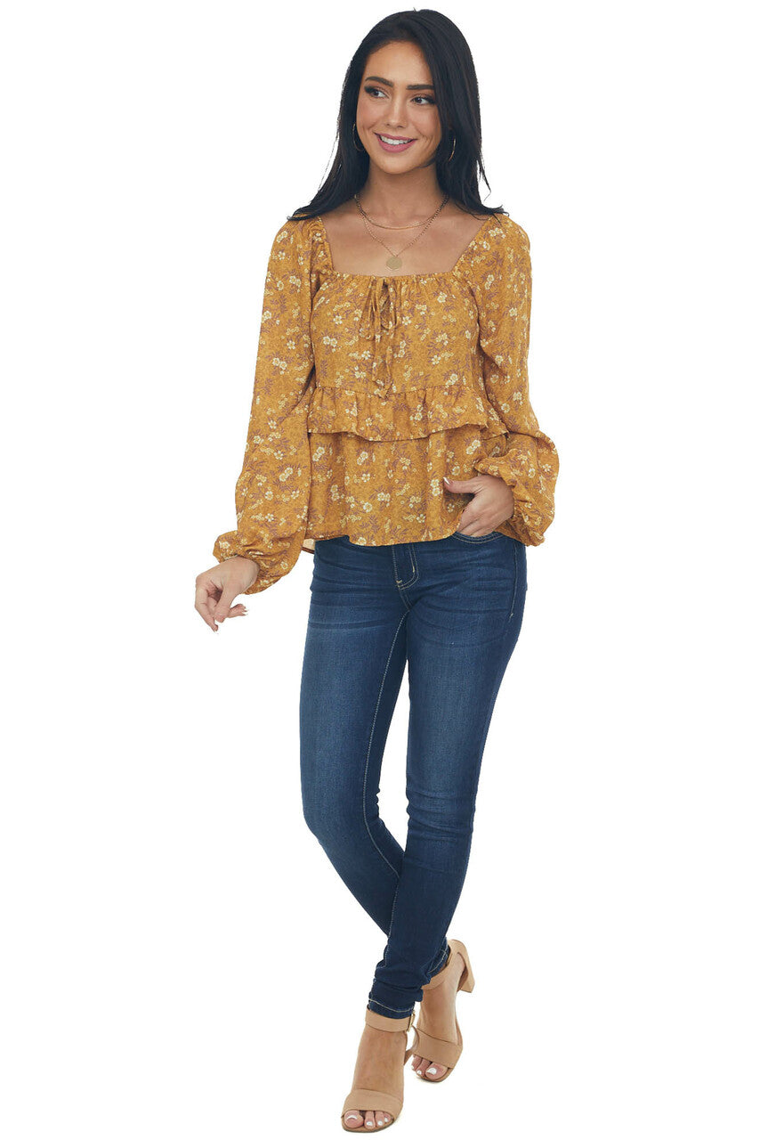 Marigold Floral Print Bubble Sleeve Blouse