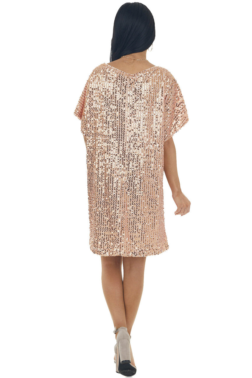 Blush Sequined Short Flowy Sleeve Shift Dress