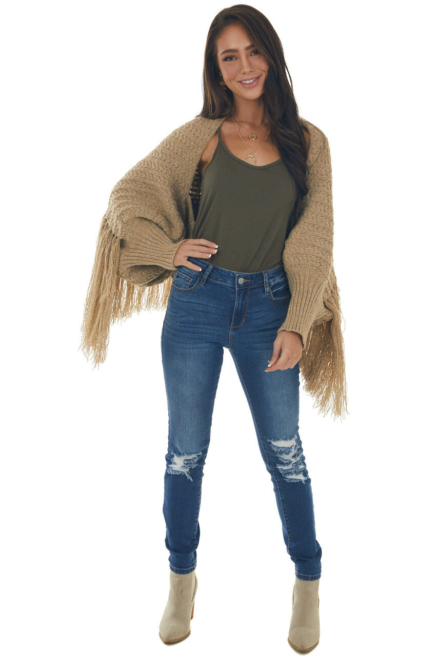 Latte Cable Knit Fringe Hem Shrug Cardigan