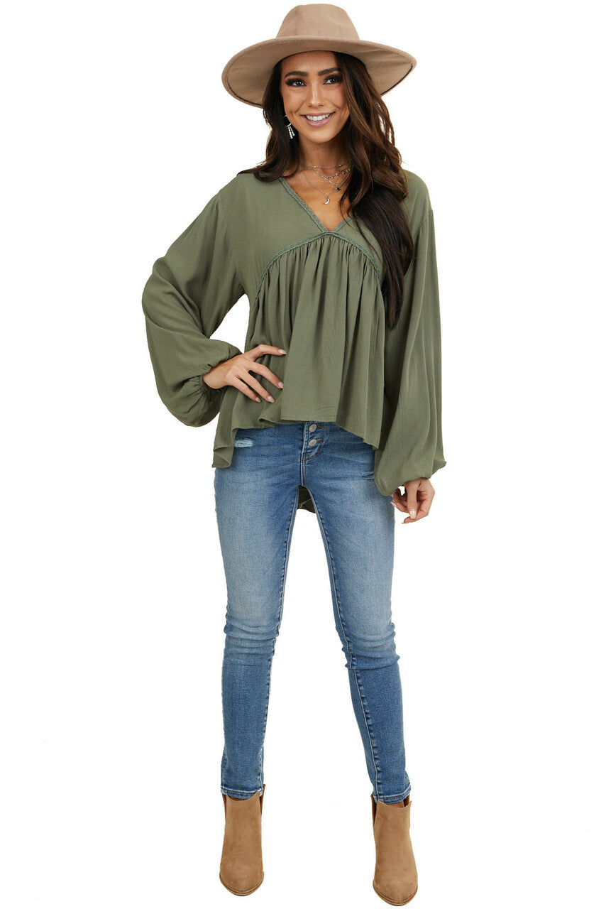 Faded Olive Drop Waist Top with Tied Back and Bubble Sleeves 