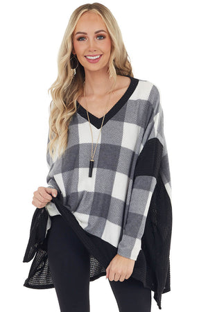 Charcoal Buffalo Plaid Oversized Dolman Sleeve Knit Top 