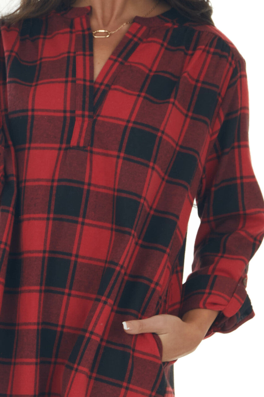 Crimson Buffalo Plaid Notch Neck Shirt Dress 
