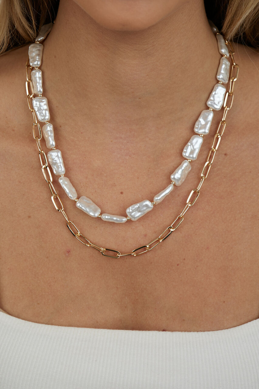 Gold Paperclip and Pearlescent Beaded Necklace