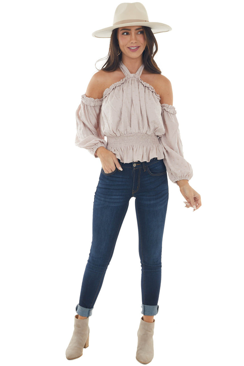 Light Latte Swiss Dot Off Shoulder Halter Top