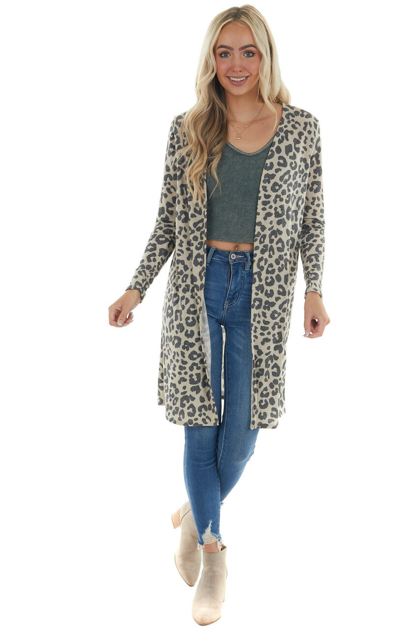 Sand Leopard Print Open Front Knit Cardigan