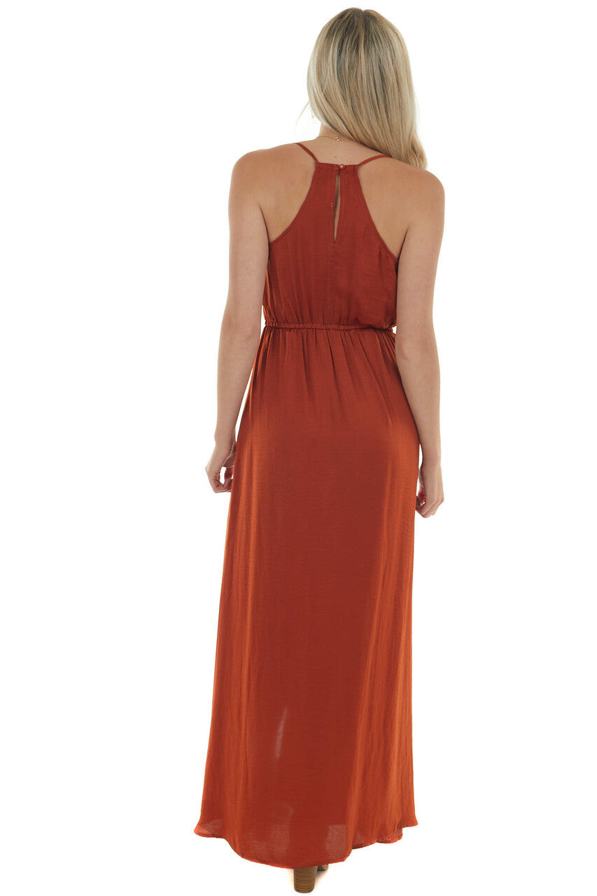 Rust Colorblock Surplice Neck Satin Maxi Dress