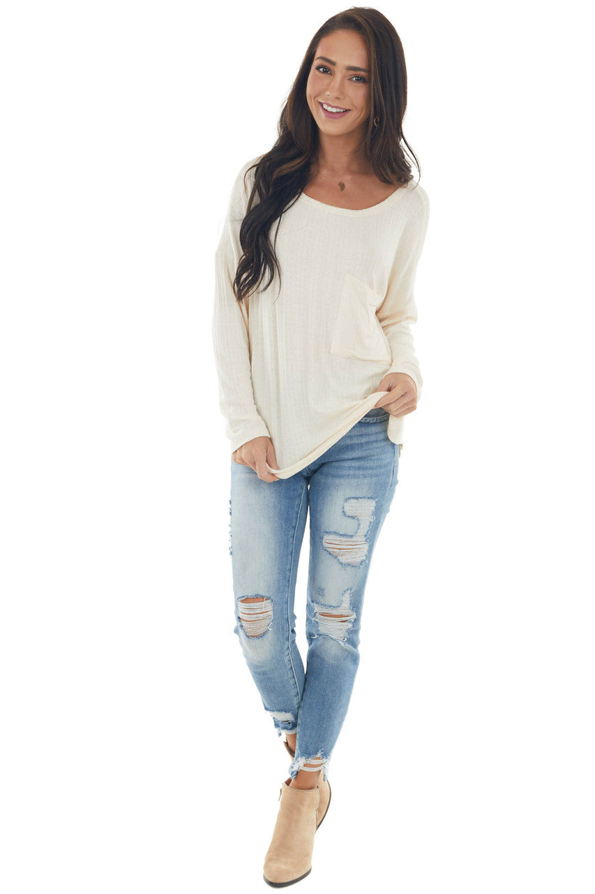 Champagne Textured Knit Top with Chest Pocket