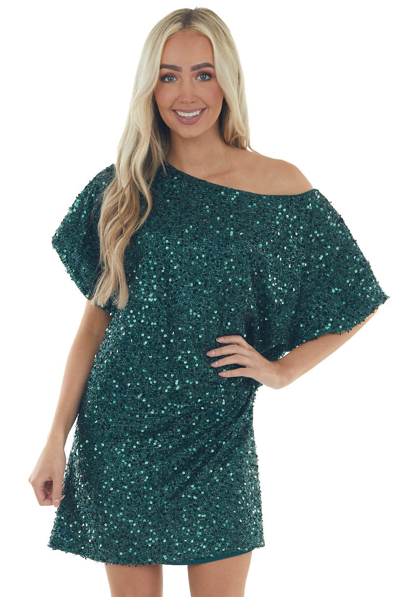 Forest Sequined Short Flowy Sleeve Shift Dress