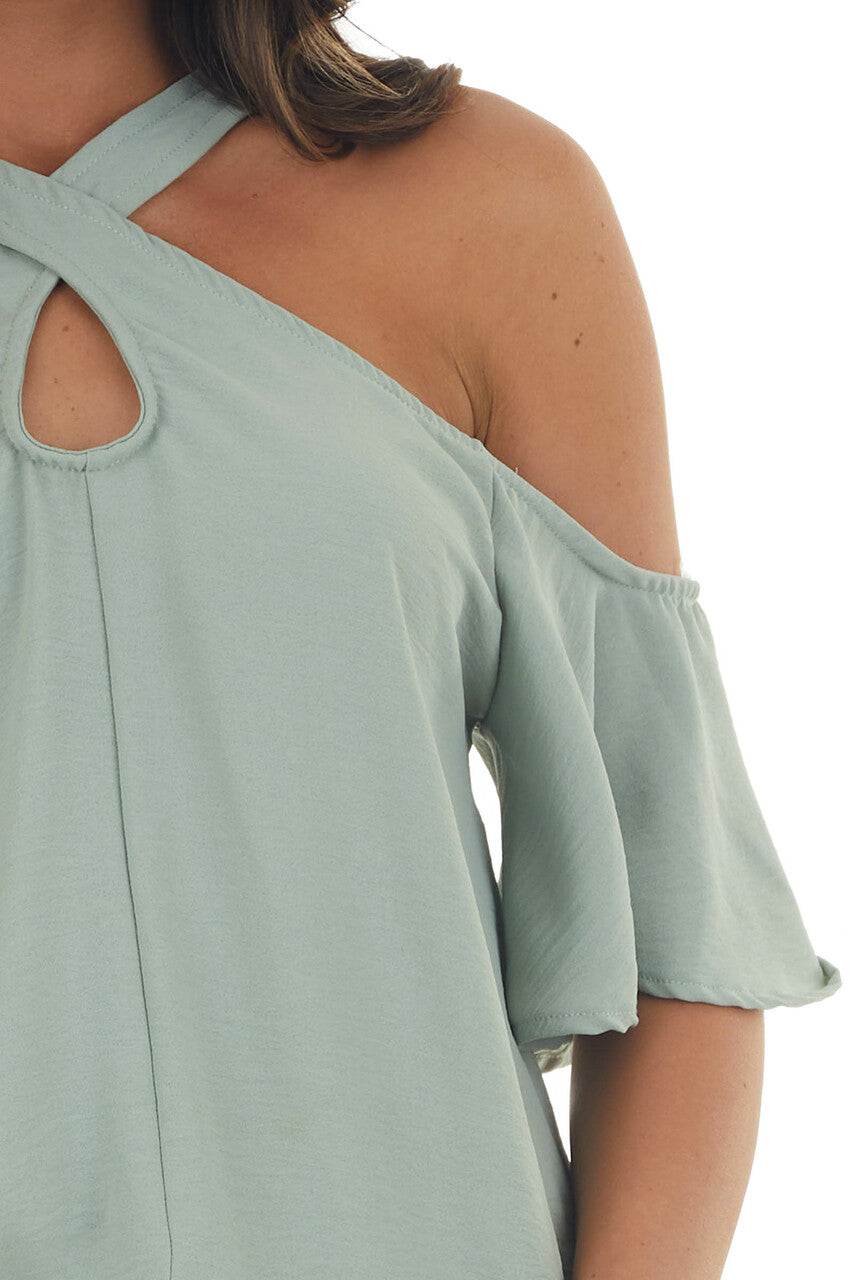 Sage Cold Shoulder Blouse with Criss Cross Halter Neck