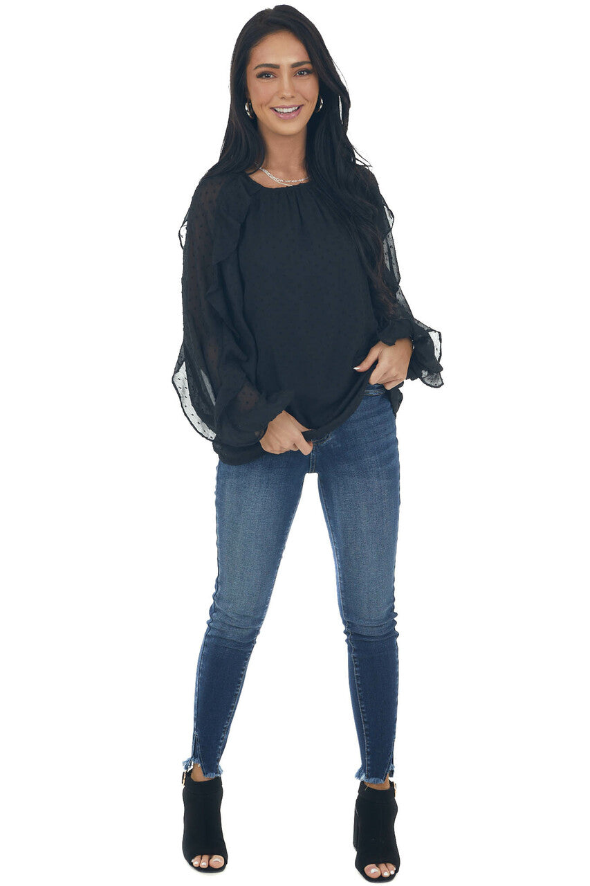 Black Swiss dot Peasant Sleeve Woven Blouse